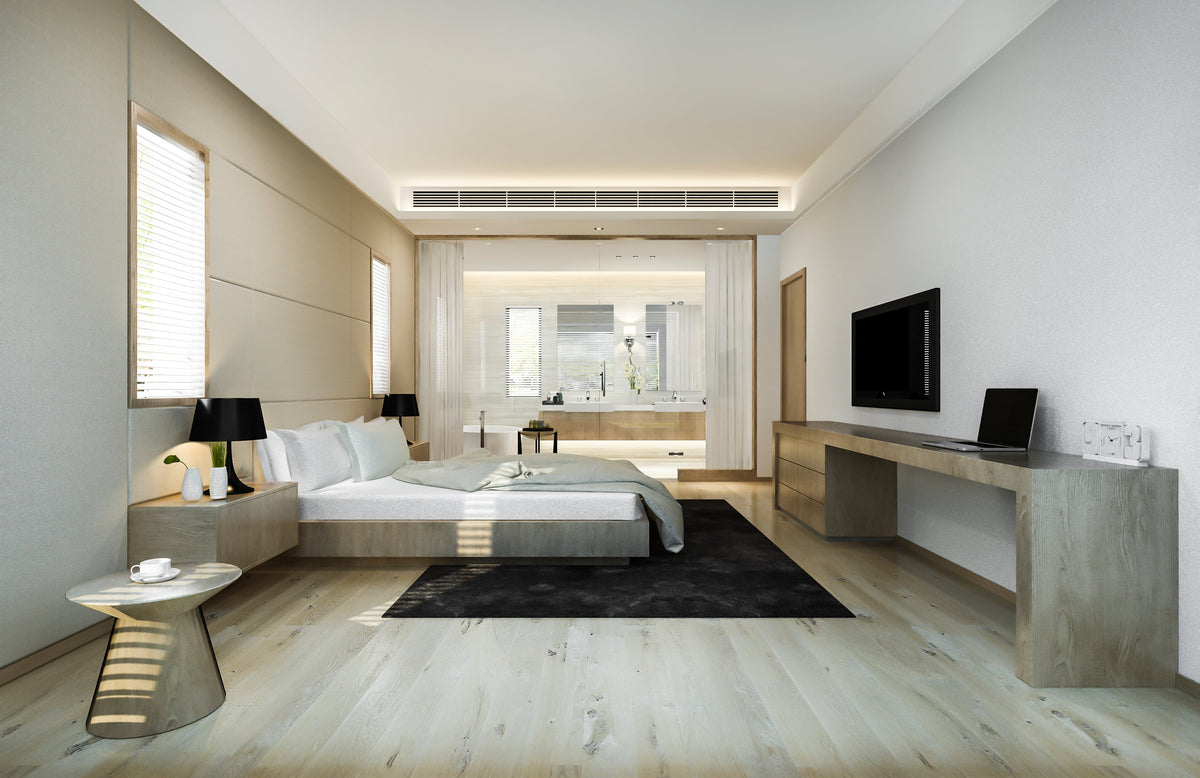 Slaapkamer met warme houtlook vloer en natuurlijke tinten