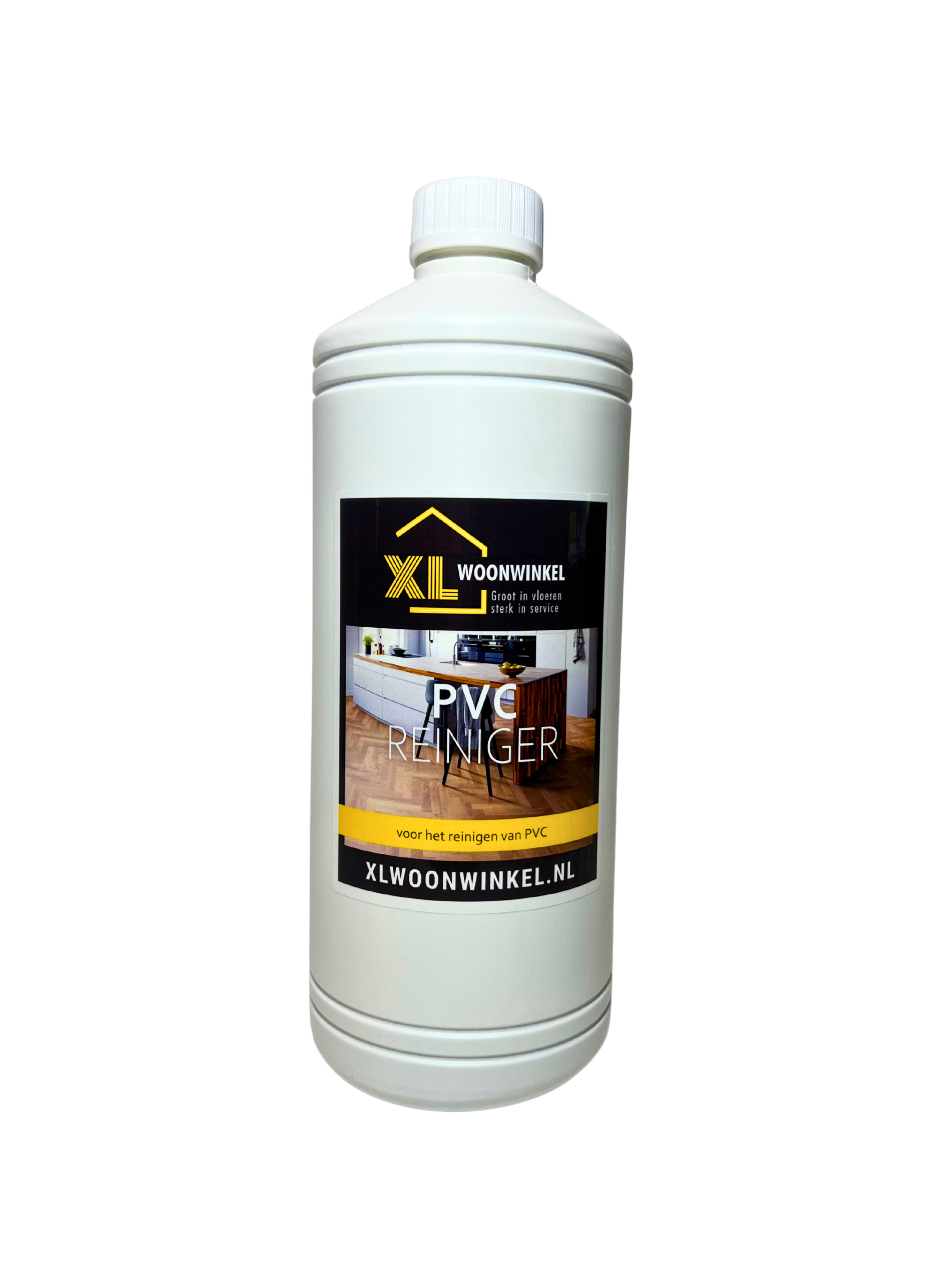 Fles XL Woonwinkel PVC Reiniger op een schone PVC vloer – verwijdert vuil en vet en behoudt de natuurlijke glans.