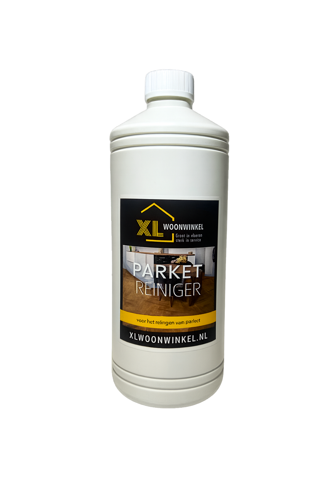 Fles XL Woonwinkel Parketreiniger op een houten vloer – milde reiniger die vuil verwijdert en parket laat glanzen.