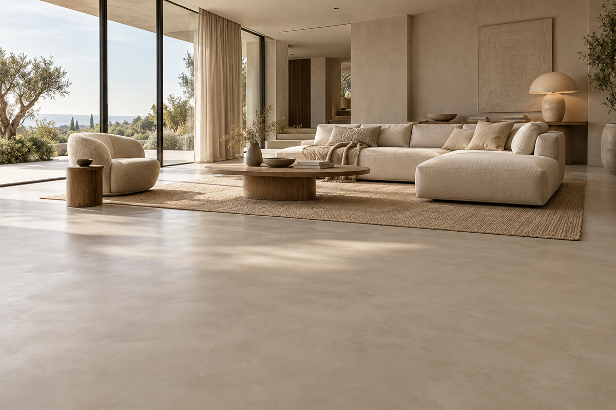 AI-inspiratie: betonlook gietvloer in een woonkamer